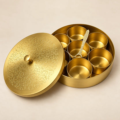 Royal Brass Spice Box – Traditional Masala Dabba with Floral Engraved Lid