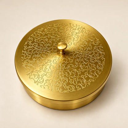 Royal Brass Spice Box – Traditional Masala Dabba with Floral Engraved Lid