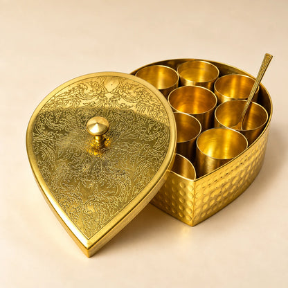 Royal Brass Masala Dabba – Traditional Spice Box with 8 Containers & Decorative Lid