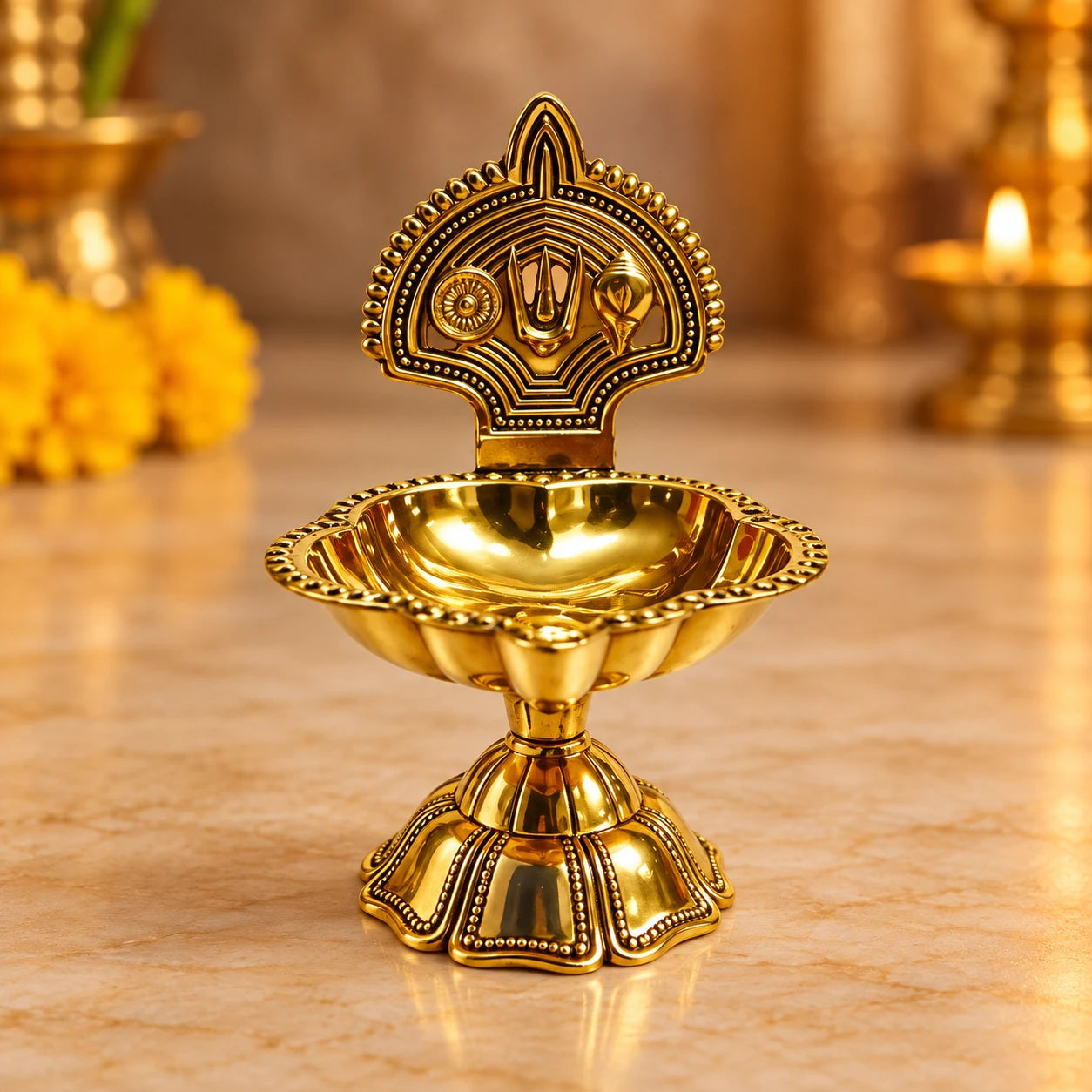 Traditional Brass Shanku Chakra Namam Diya – Decorative Pooja Oil Lamp
