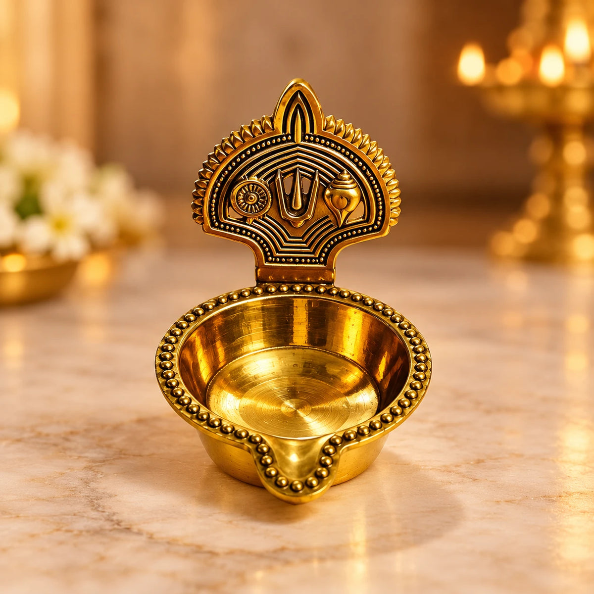 Traditional Brass Shanku Chakra Namam Diya – Decorative Pooja Oil Lamp