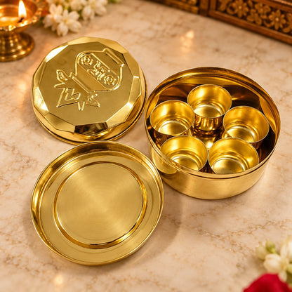 Traditional Brass Pooja Kumkum Box – 5 Compartment Set with Kalash Design
