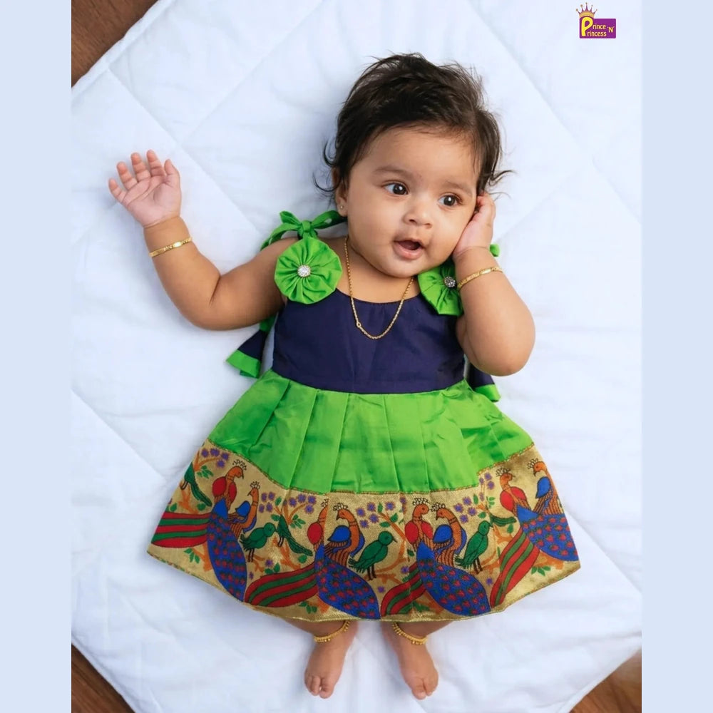 Newborn Lakshana Frock Peacock Border Navy Green Raw Silk | Baby Dress With Headband LF449