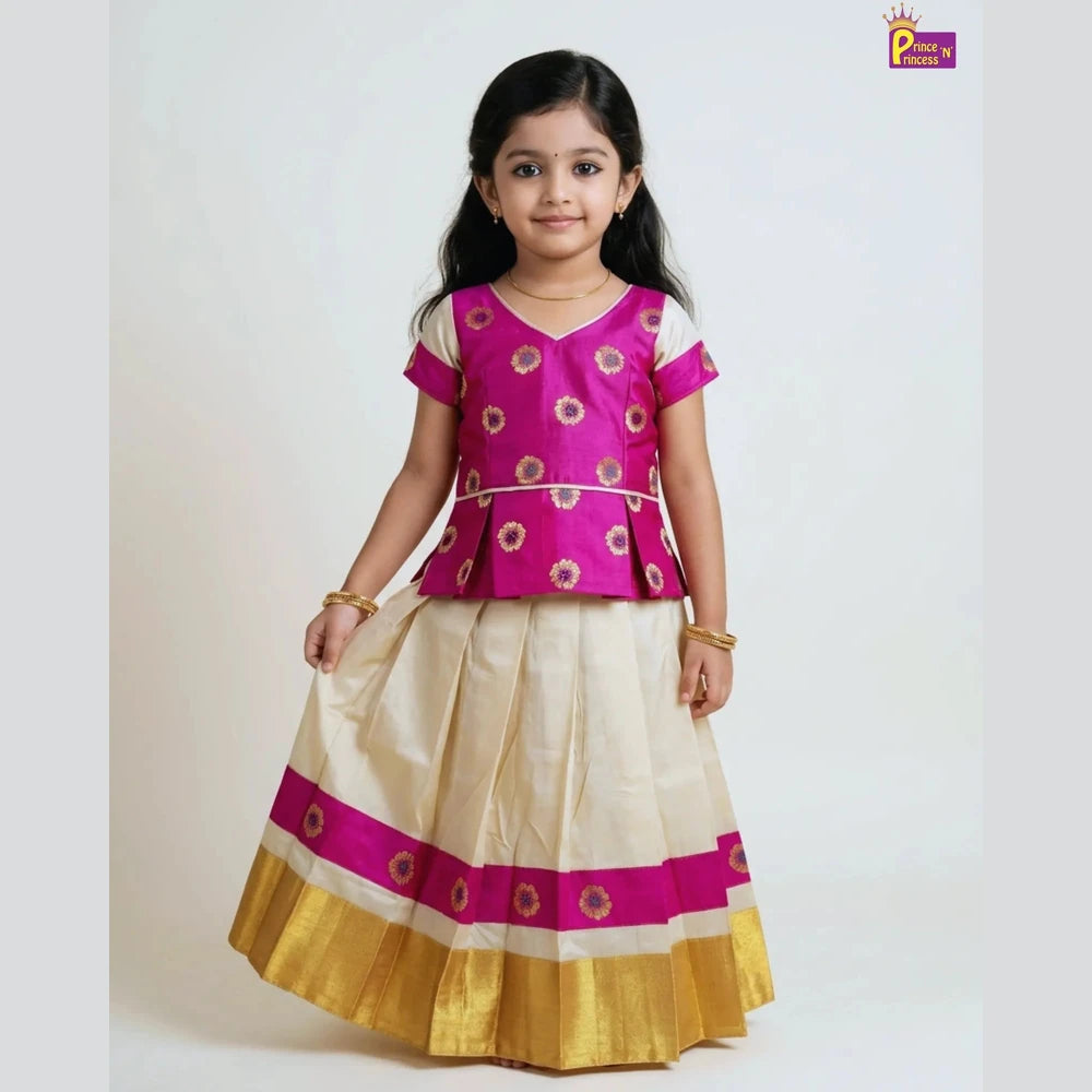Kids Pink And Half white Traditional Pattu Pavadai PPP1346