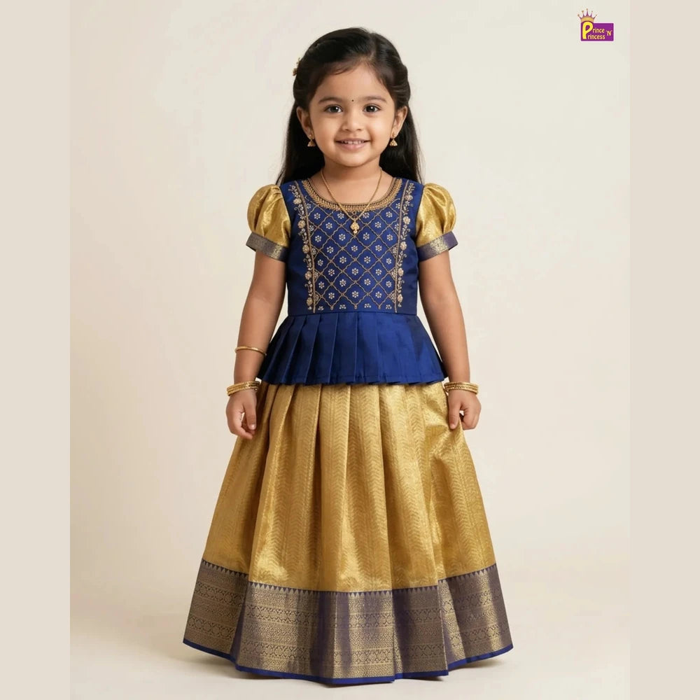 Pattu Pavadai with Aari Work Navy Blue Gold Raw Silk Pattu With Puff Sleeve - PPP1787