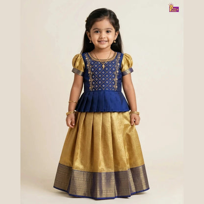 Pattu Pavadai with Aari Work Navy Blue Gold Raw Silk Pattu With Puff Sleeve - PPP1787