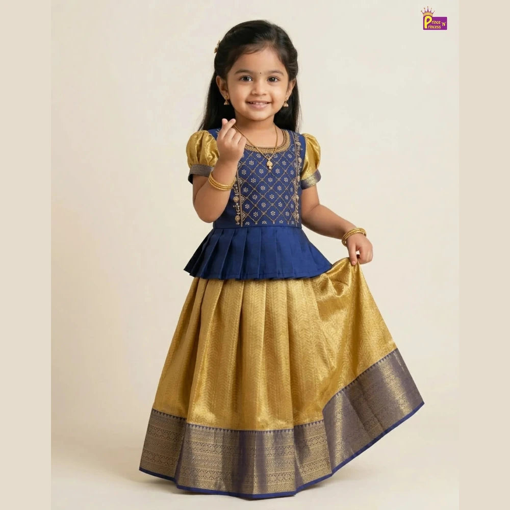 Pattu Pavadai with Aari Work Navy Blue Gold Raw Silk Pattu With Puff Sleeve - PPP1787