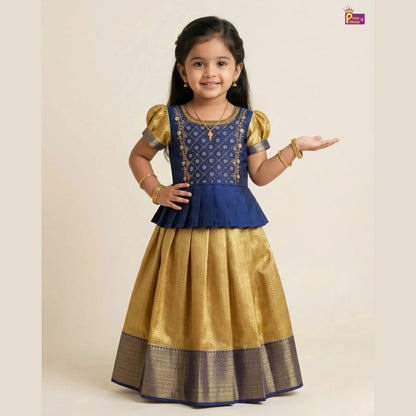 Pattu Pavadai with Aari Work Navy Blue Gold Raw Silk Pattu With Puff Sleeve - PPP1787