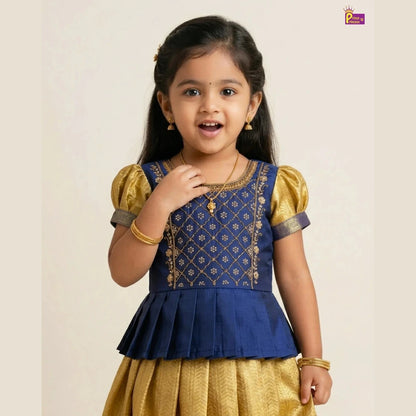 Pattu Pavadai with Aari Work Navy Blue Gold Raw Silk Pattu With Puff Sleeve - PPP1787