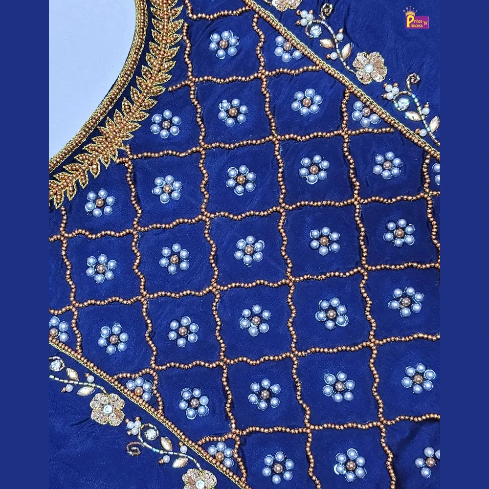 Pattu Pavadai with Aari Work Navy Blue Gold Raw Silk Pattu With Puff Sleeve - PPP1787