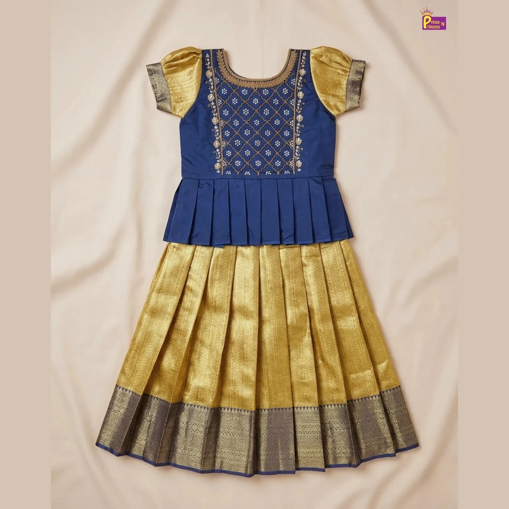 Pattu Pavadai with Aari Work Navy Blue Gold Raw Silk Pattu With Puff Sleeve - PPP1787
