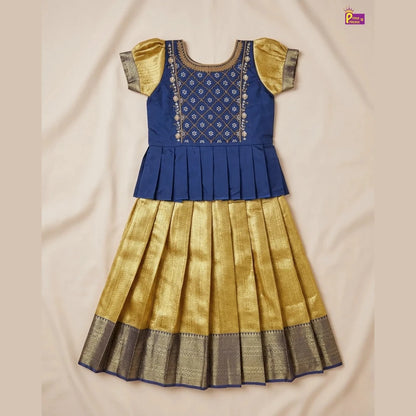 Pattu Pavadai with Aari Work Navy Blue Gold Raw Silk Pattu With Puff Sleeve - PPP1787