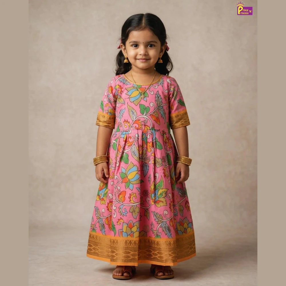 Girls Pink Kalamkari Taffeta Silk Full Length Gown | 50% Sale PG326