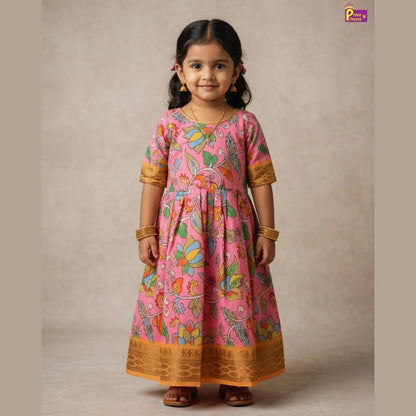 Girls Pink Kalamkari Taffeta Silk Full Length Gown | 50% Sale PG326