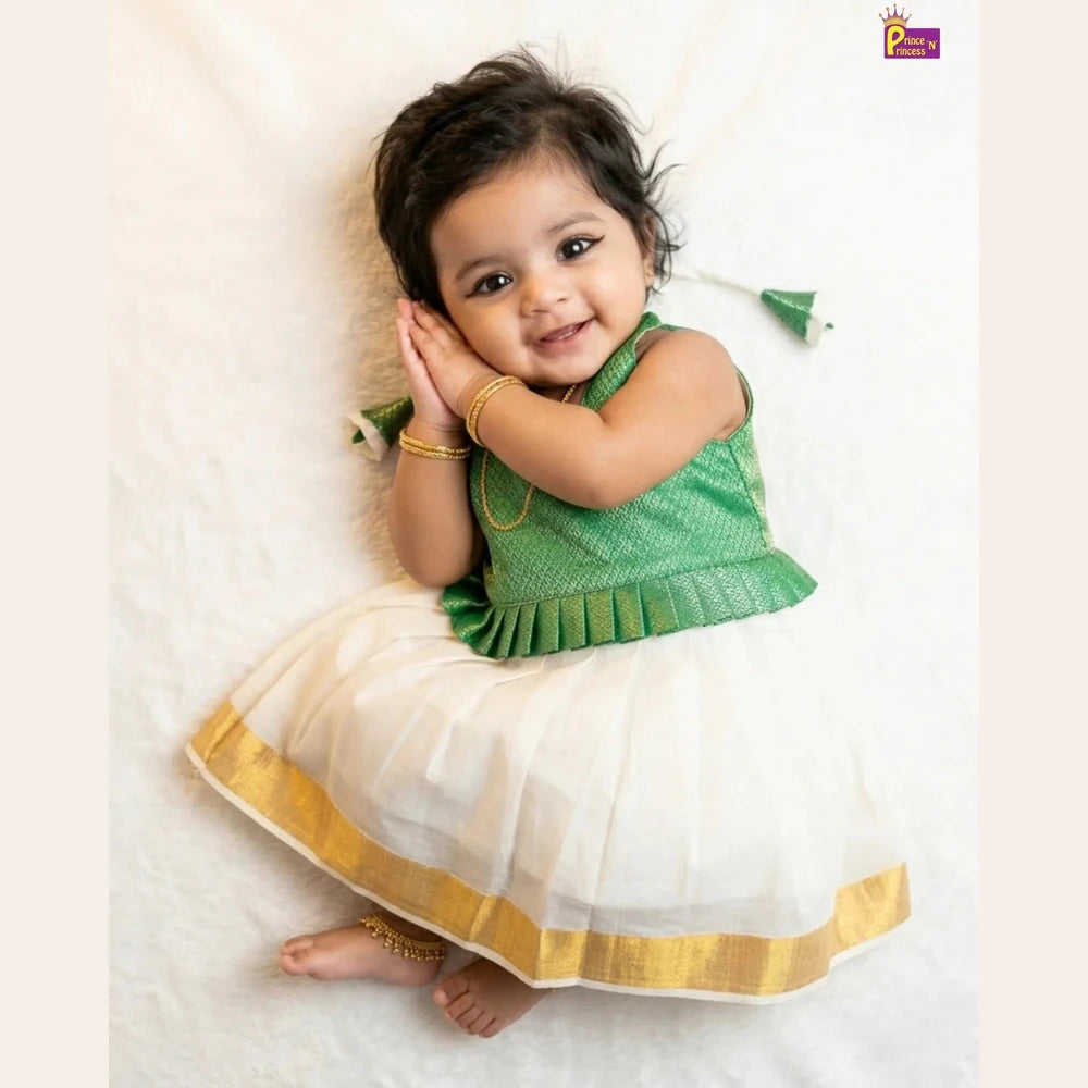 Kerala Pattu Frock for Baby Girls Green Kasavu Traditional Dress LF1904