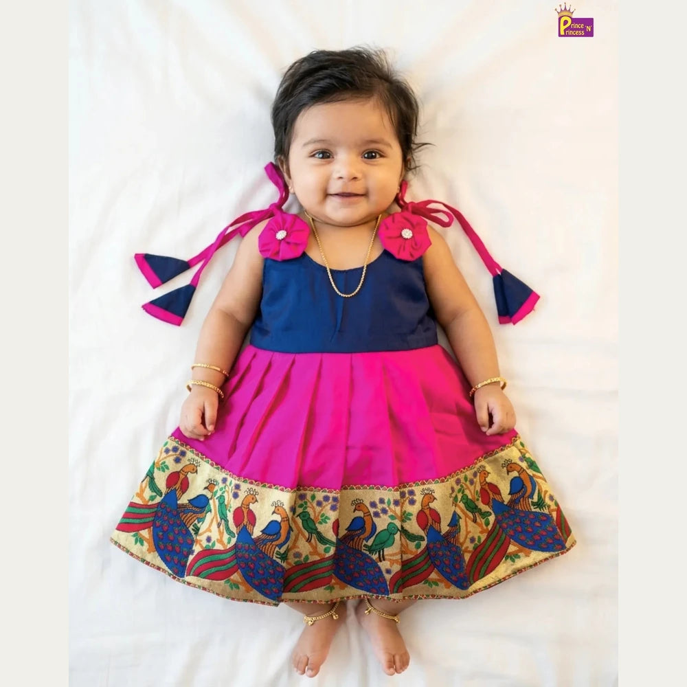 Newborn Pattu Frock Navy Rani Pink Bow | Traditional Baby Dress With Headband LF450
