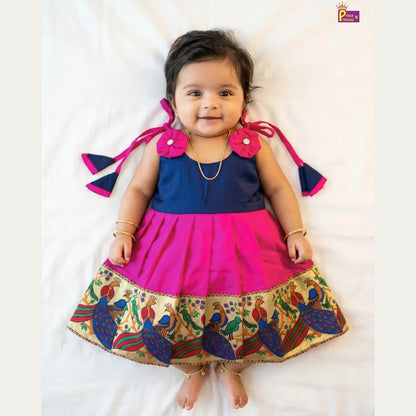 Newborn Pattu Frock Navy Rani Pink Bow | Traditional Baby Dress With Headband LF450