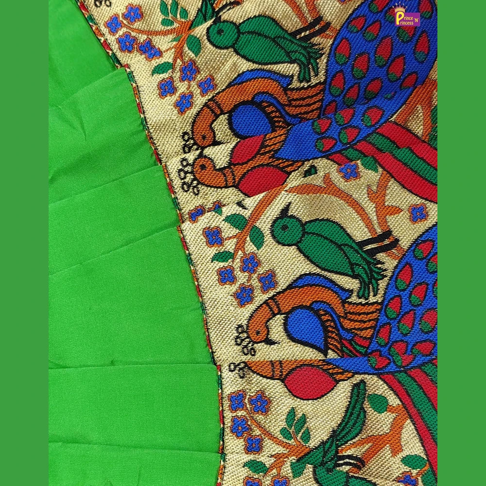 Newborn Lakshana Frock Peacock Border Navy Green Raw Silk | Baby Dress With Headband LF449