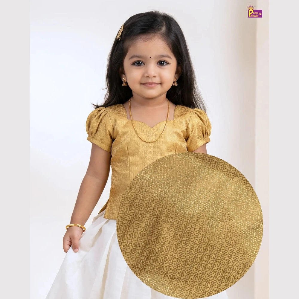Girls Golden & Cream Kerala Pattu Pavadai - Onam Dress Top Brocade & Polyester Mix skirt PPP2113
