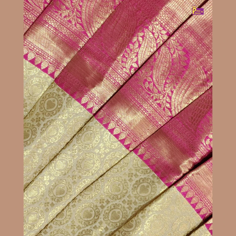 Baby Girl Pink & Sandal Banarasi Pattu Gown - Aari Work Coat Pattu Gown Set PG707