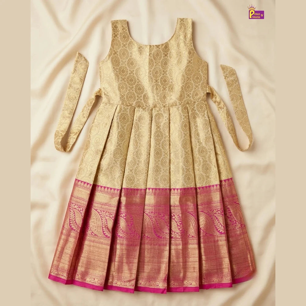 Baby Girl Pink & Sandal Banarasi Pattu Gown - Aari Work Coat Pattu Gown Set PG707