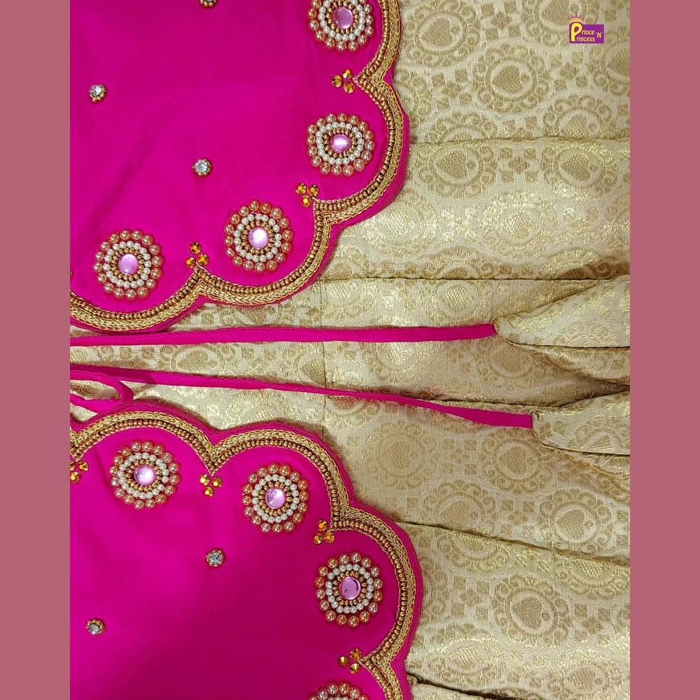 Baby Girl Pink & Sandal Banarasi Pattu Gown - Aari Work Coat Pattu Gown Set PG707