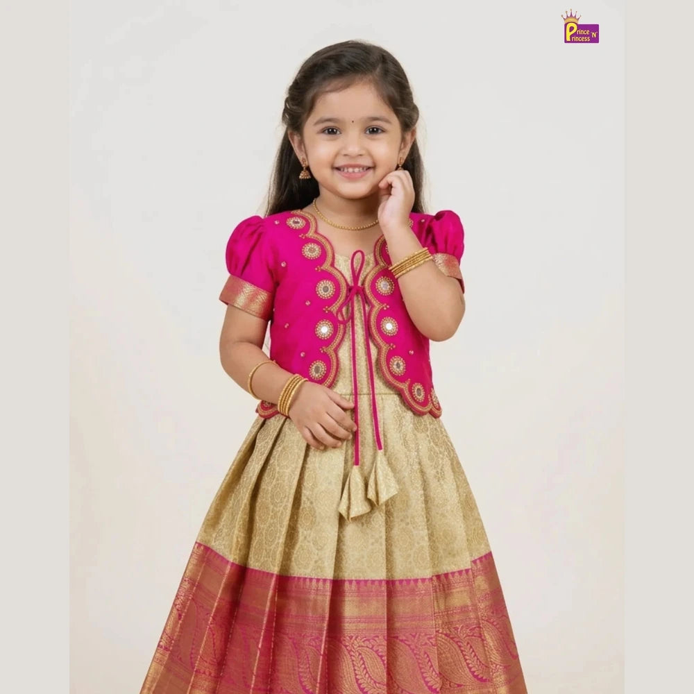 Baby Girl Pink & Sandal Banarasi Pattu Gown - Aari Work Coat Pattu Gown Set PG707