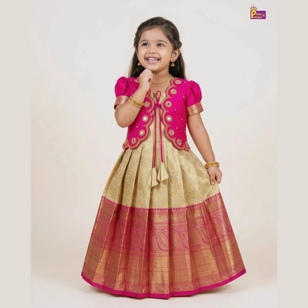 Baby Girl Pink & Sandal Banarasi Pattu Gown - Aari Work Coat Pattu Gown Set PG707