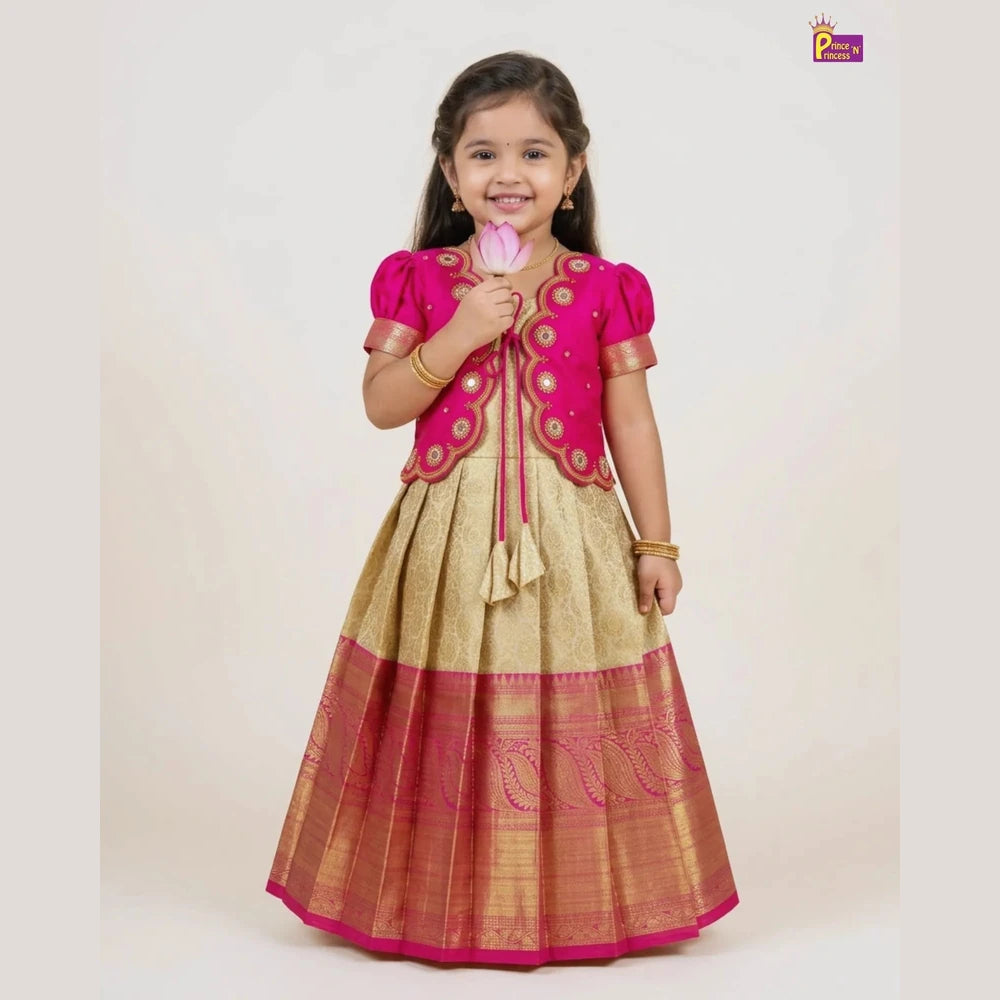Baby Girl Pink & Sandal Banarasi Pattu Gown - Aari Work Coat Pattu Gown Set PG707