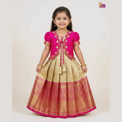 Baby Girl Pink & Sandal Banarasi Pattu Gown - Aari Work Coat Pattu Gown Set PG707