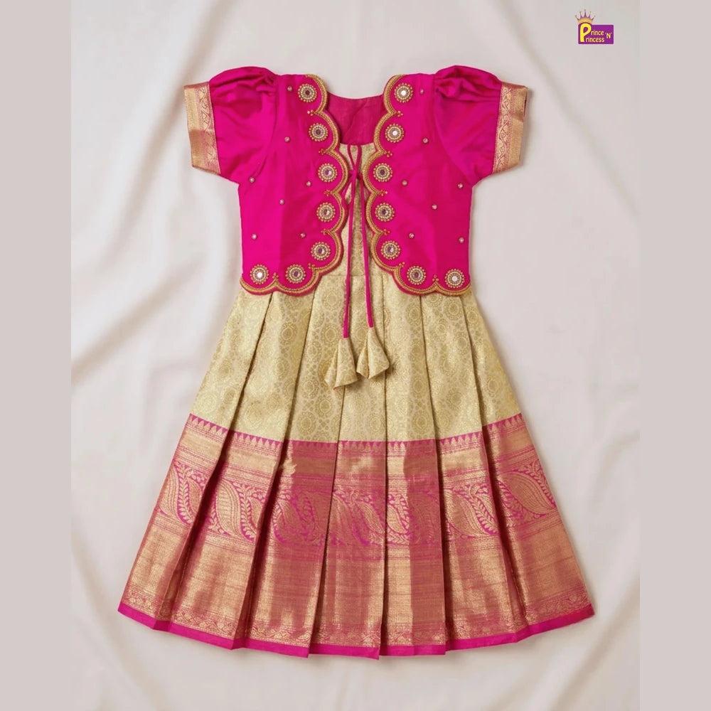 Baby Girl Pink & Sandal Banarasi Pattu Gown - Aari Work Coat Pattu Gown Set PG707