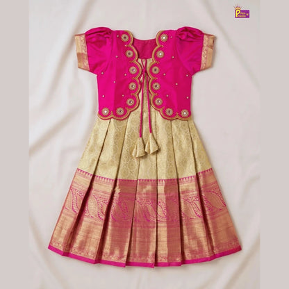 Baby Girl Pink & Sandal Banarasi Pattu Gown - Aari Work Coat Pattu Gown Set PG707