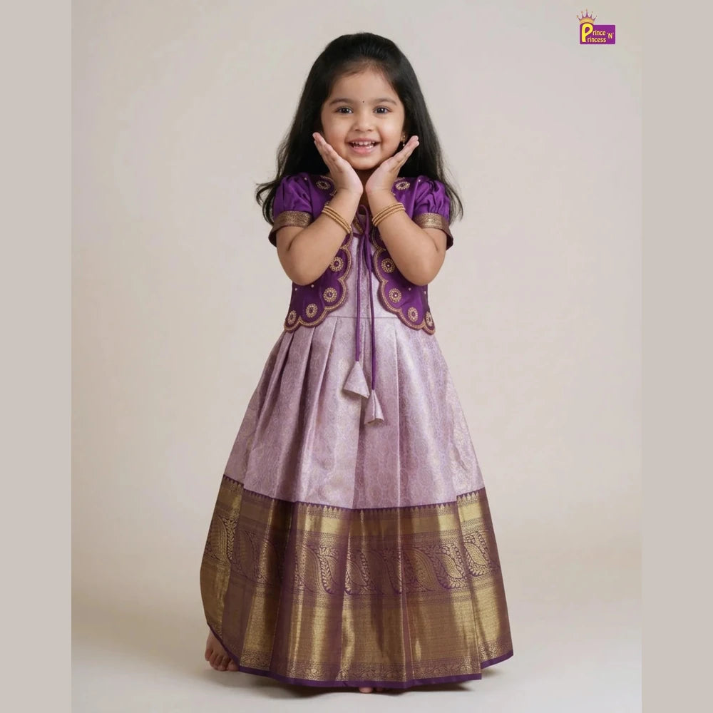 Baby Girl Purple Banarasi Pattu Gown - Aari Work Coat Pattu Gown Set PG709