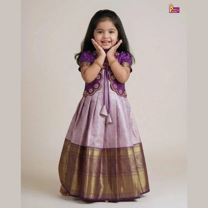 Baby Girl Purple Banarasi Pattu Gown - Aari Work Coat Pattu Gown Set PG709