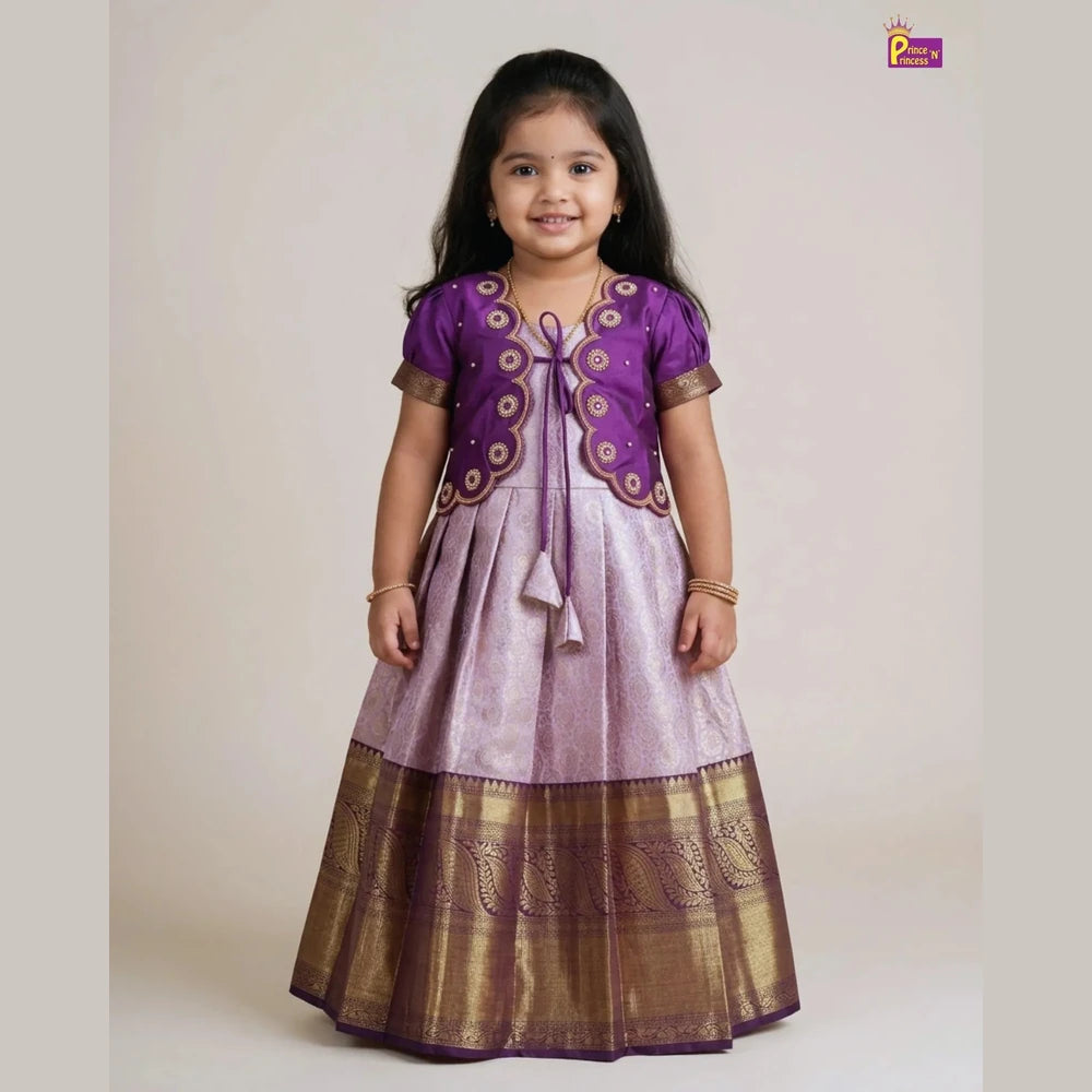 Baby Girl Purple Banarasi Pattu Gown - Aari Work Coat Pattu Gown Set PG709