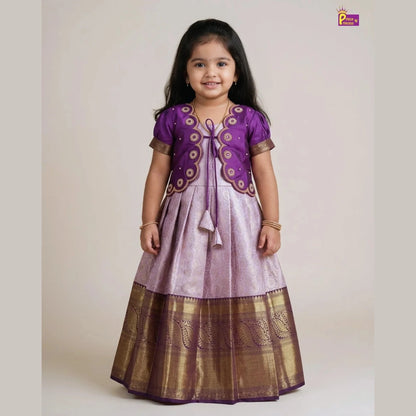 Baby Girl Purple Banarasi Pattu Gown - Aari Work Coat Pattu Gown Set PG709