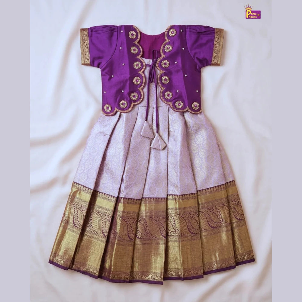 Baby Girl Purple Banarasi Pattu Gown - Aari Work Coat Pattu Gown Set PG709