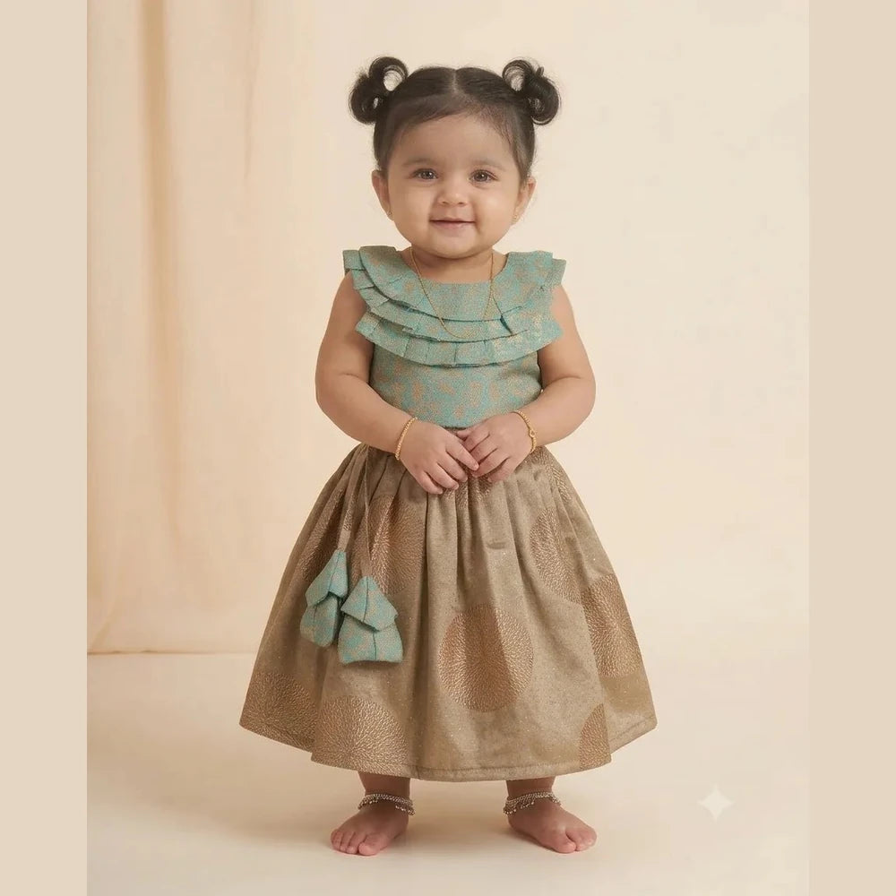 Baby Girl Sky Blue & Gold Party Wear Lehenga Set with Ruffle Top LC208