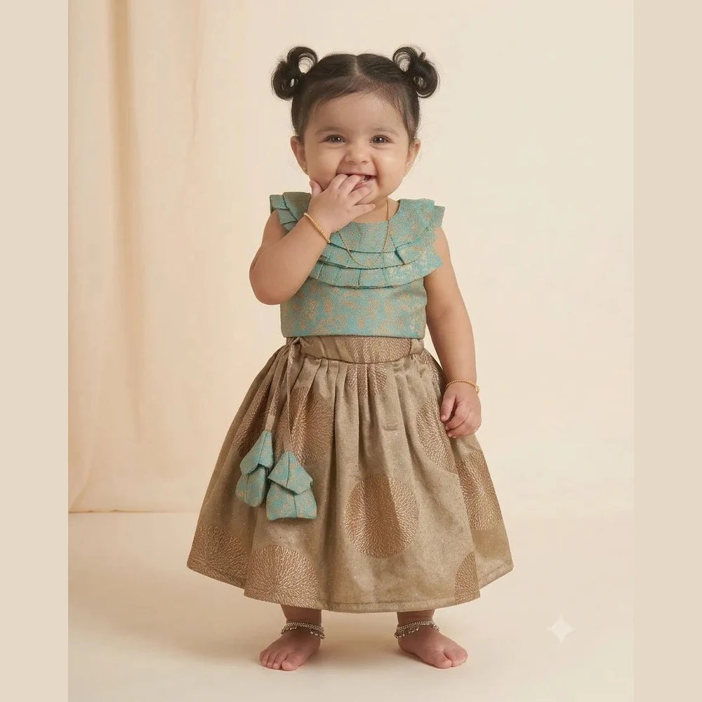 Baby Girl Sky Blue & Gold Party Wear Lehenga Set with Ruffle Top LC208