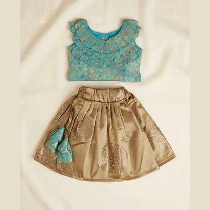 Baby Girl Sky Blue & Gold Party Wear Lehenga Set with Ruffle Top LC208