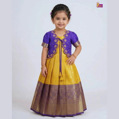 Baby Girl Yellow & Purple Banarasi Pattu Gown - Aari Work Coat Pattu Gown Set PG720