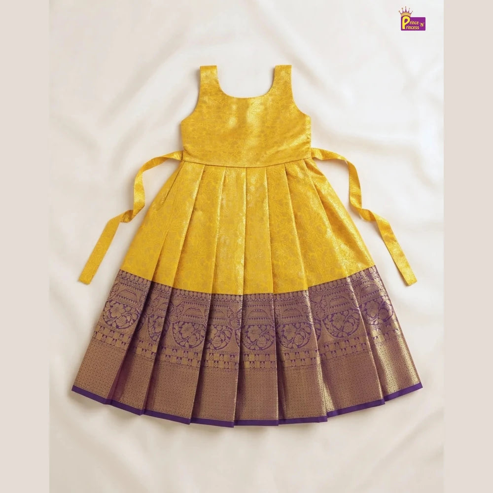 Baby Girl Yellow & Purple Banarasi Pattu Gown - Aari Work Coat Pattu Gown Set PG720