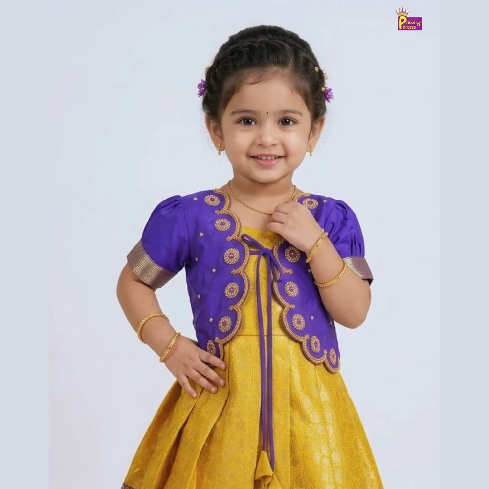 Baby Girl Yellow & Purple Banarasi Pattu Gown - Aari Work Coat Pattu Gown Set PG720