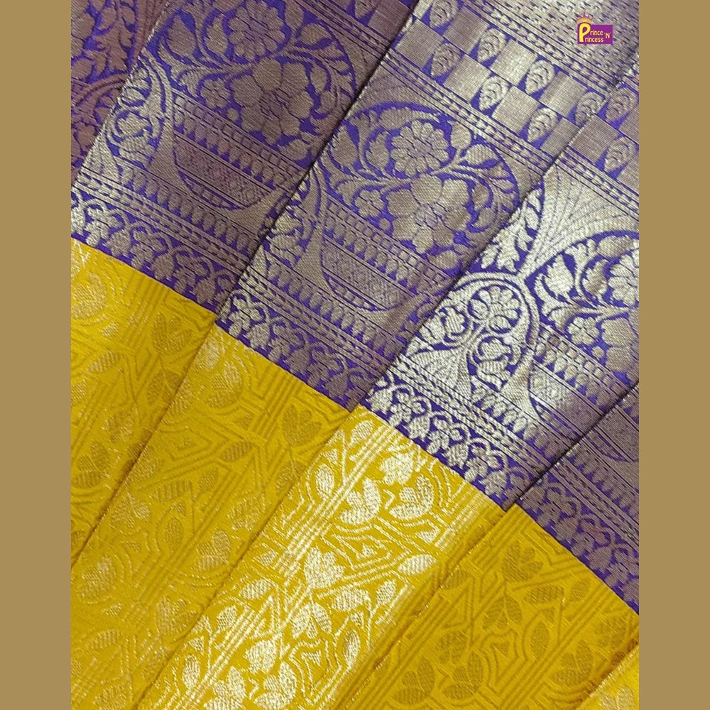 Baby Girl Yellow & Purple Banarasi Pattu Gown - Aari Work Coat Pattu Gown Set PG720