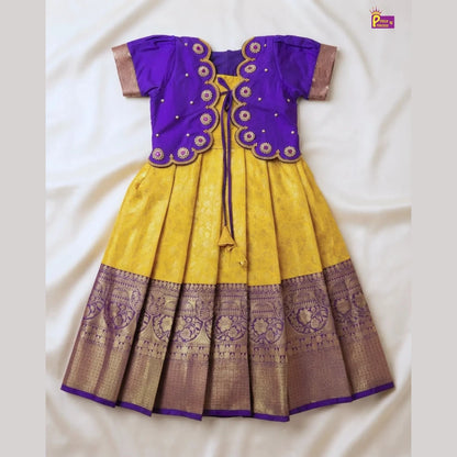 Baby Girl Yellow & Purple Banarasi Pattu Gown - Aari Work Coat Pattu Gown Set PG720