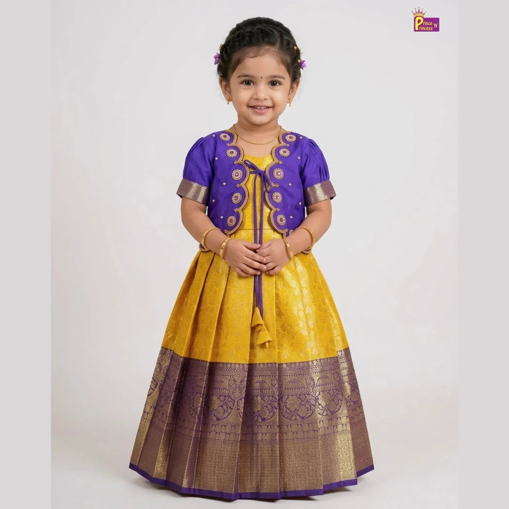 Baby Girl Yellow & Purple Banarasi Pattu Gown - Aari Work Coat Pattu Gown Set PG720