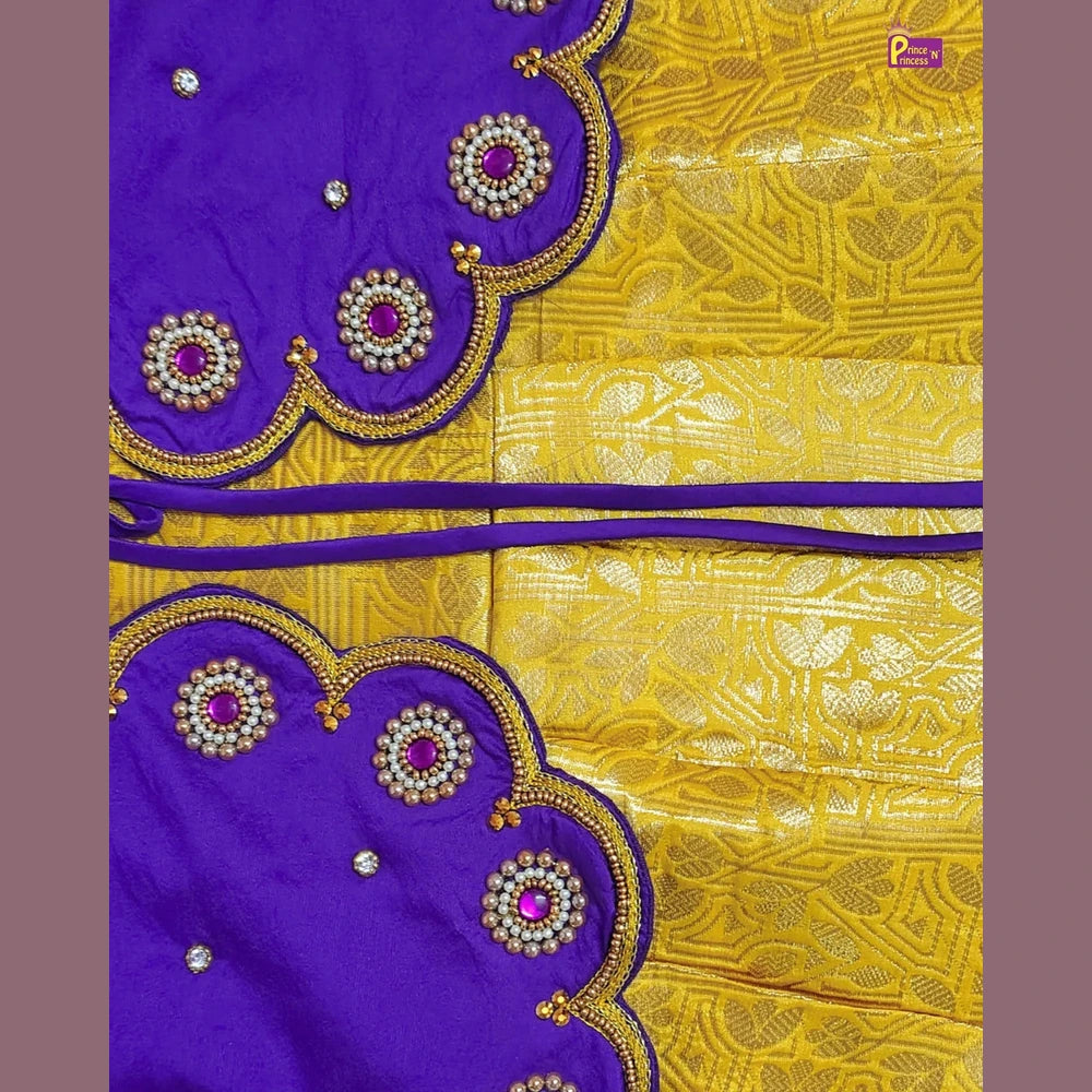 Baby Girl Yellow & Purple Banarasi Pattu Gown - Aari Work Coat Pattu Gown Set PG720