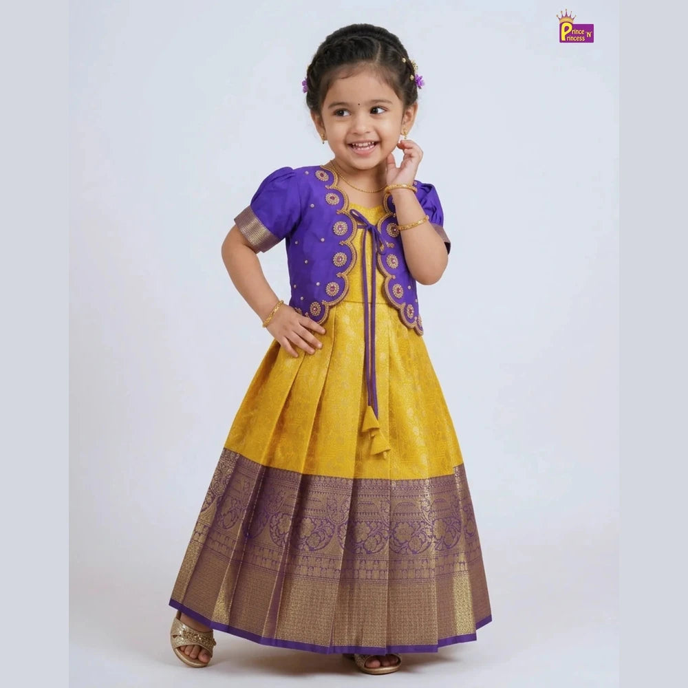 Baby Girl Yellow & Purple Banarasi Pattu Gown - Aari Work Coat Pattu Gown Set PG720
