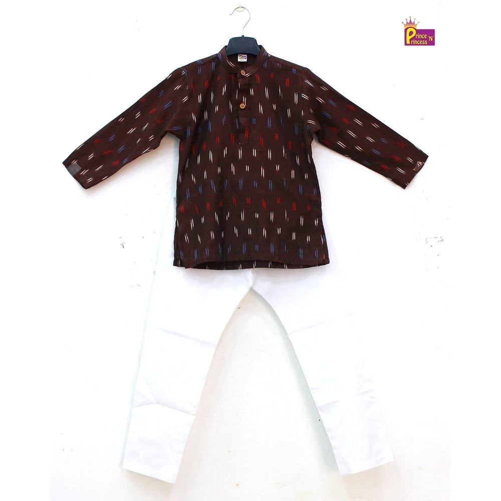 Boys Coffee Brown White Cotton Ikkat kurta Pajama KP166