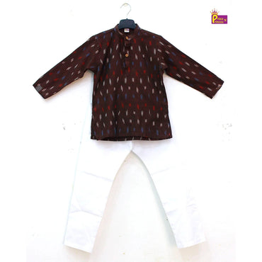 Boys Coffee Brown White Cotton Ikkat kurta Pajama KP166